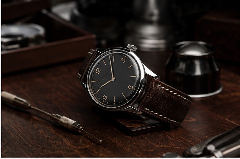 Regent Automatic 1952 with black dial and brown leather strap